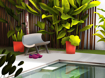 Who wants to swim! evening garden home illustration pool