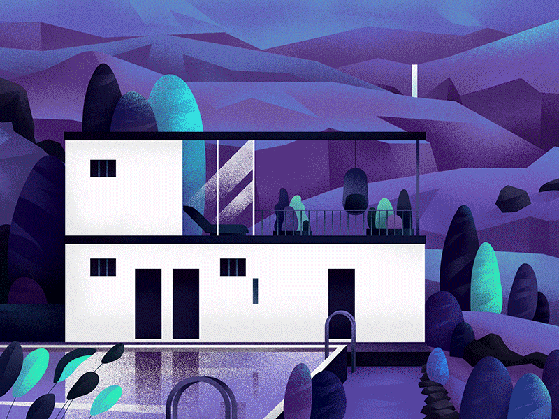 Home - 19 day gif hills home house illustration night series