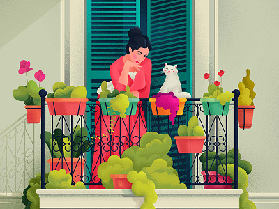 Lady on balcony balcony cat flowers home house illustration lady