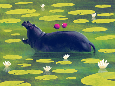 Is it? birds hippo illustration lotus pond