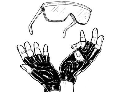 Neon And Leather 80s black gloves hands leather line art sunglasses