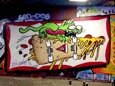 Slasher Pizza Cat! cat graffiti illustration kitty montana pepperoni pizza spraypaint street streetart supreme pizza cats urban wall