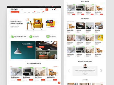 Furniture Landing Page blog card design cart compact design e commerece featured figma furniture interactive landing page mockup product placement searchbar testimonial ui web design