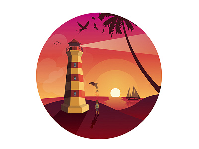 Lighthouse 2d design illustration lighthouse red sunset vector