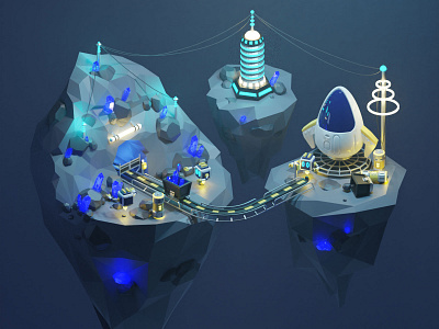 Space Mine 3d 3d illustration 3dart blender blender3d crystal isometric low poly robots sci fi space spaceship