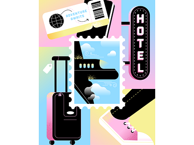 Adventure Awaits collage converse gradient hotel illustration logodesign luggage plane shoe stamp ticket travel vector