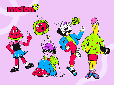 Melon TV Sketches 90s brand branding bright cartoon character character design colorful design digitalart figma graphic design illustration neon nostalgic procreate retro sketch vector wip