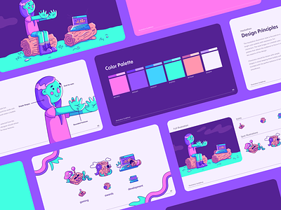 Hackathon Brand Guide brand guide bubbly character character design colorful cute design digitalart figma graphic design icons illustration illustration guide neon pastel procreate spot illustration style guide vector vibrant