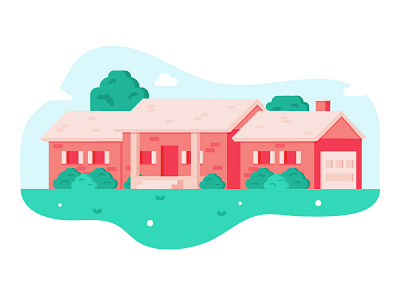 We're Homeowners! house illustration pink sky tree yard