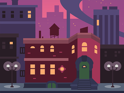Arnold 🏈 art city hey arnold home house house illustration illustration neighborhood nickelodeon night pink purple street lamp urban vector