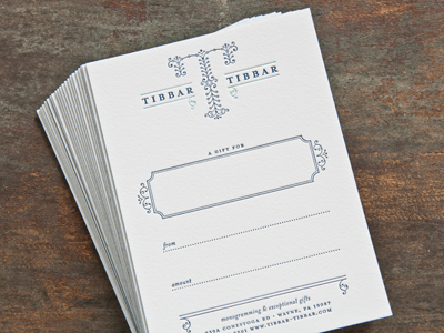 Tibbar Tibbar Gift Cards branding collateral gift card identity letterpress logo monogram