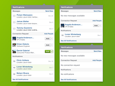 Notifications dropdown colors connections dropdown gray green header icons messages nav notification ui web