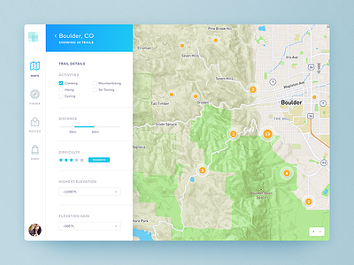 Trail Finder app climbing filters hiking interface locations map marker outdoors ui web web app