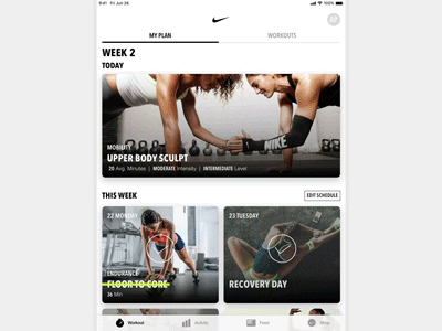 Nike Training Club App Redesign Concept Scroll app cards concept app dashboard ios ios 12 ipad nike redesign ui uidesign