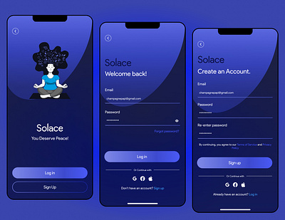 Sign up and Log in Screens for a Mobile Meditation App. ui ux