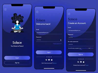 Sign up and Log in Screens for a Mobile Meditation App.