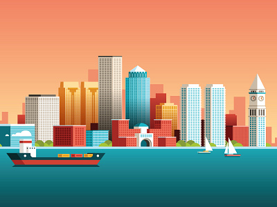 Boston boat boston city clock tower illustration skyline