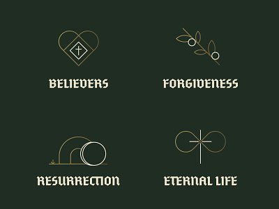 Creed - Series Icons - 2 apostles church creed cross eternal life forgiveness geometric icons line art olive branch resurrection tomb trinity