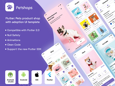 Pets product shop with adoption UI template androidapp androidui animalcare branding cat flutter flutterui graphic design ios app nimals pet pet adoption petboarding petcare petfood petlovers puppy ui uiux user interface