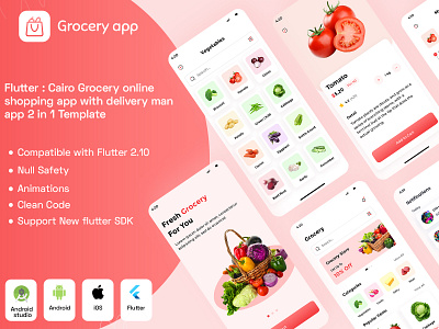 Flutter : Cairo - Grocery online shopping with delivery man app androidapp delivery man ui design flutter flutterui food app graphic design grocery app online ecommerce app shopping app ui ui ui design uiux