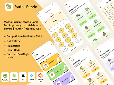Maths Puzzle Game Full App with admob ready to publish | flutter admob androidapp design flutter flutterui full app ios app math quiz maths game maths puzzle mental maths ui ui ui screen uiux
