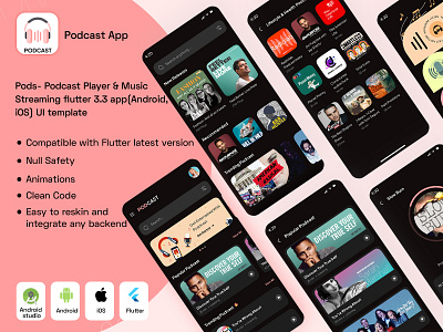 Pods- Podcast Player & Music Streaming flutter app androidapp audioappui design flutter flutterui ios app music player musicapp podcast podcastapp podcastmusic podplayer radioapp ui