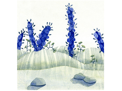 Blue growth abstract beach blue cacti cactus design forms fungi grass green illustration lines marine mountain painting plants stones underwater watercolor watercolour