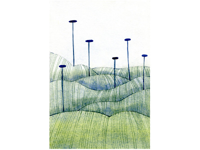 Layered greens composition design grass green illustration land lines meadow mountains painting poles sky vertical watercolor watercolour