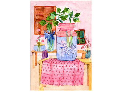 A plant house design drapery glass house illustration mixed media painting plant still life vase watercolor watercolour windows