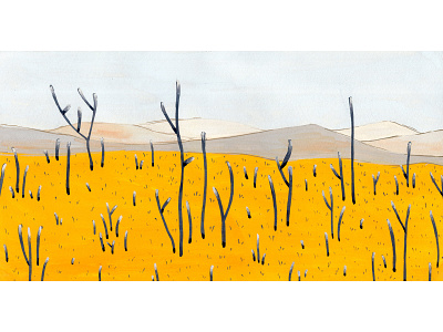 Meadow abstract blue bright design drawing dried plants dry gouache grass illustration land landscape meadow mountains painting plants view watercolor watercolour yellow