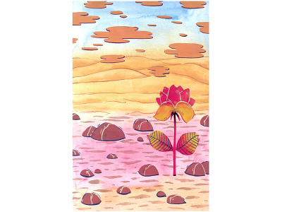 Life between spaces abstract blue sky clouds design flower grass illustration landscape mountains painting pink stones water watercolor watercolour