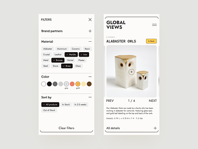 Global Views - product cads + filters concept design detail screen figma filters graphic design mobile online shop product card sculpture typography ui ux visual