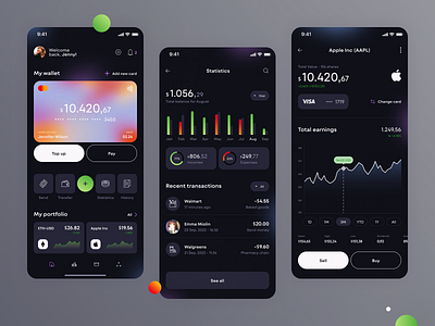 Banking Mobile App banking banking app concept credit card dark theme design finance graphic design ios mobile app mobile bank money statistics stocks transactions transfer app typography ui ux visual