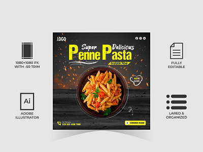 Penne Pasta Advertising Social Media Post Template ad ads advertise advertising banner branding design graphic design marketing social kits social media kit social media post social media post design social media post template vector