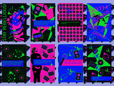 Stay Rebellious Zine Page Layout blue icon music neon neon green pattern pink poster print punk retrofuturism vector