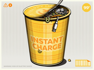 Instant Charge charge cheap cup of noodles happy impulse happyimpulse illustration noodles pasta playful power wires