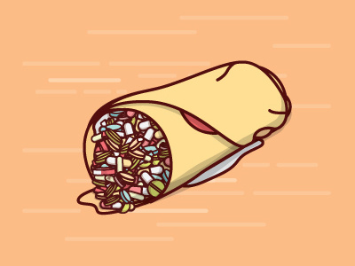 Burrito Overdose burrito drugs food happy impulse illustration junk food mexican overdose pills play