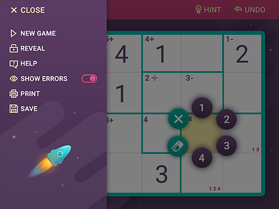 Menu panel for MathDoku game casual game icons menu popup rocket