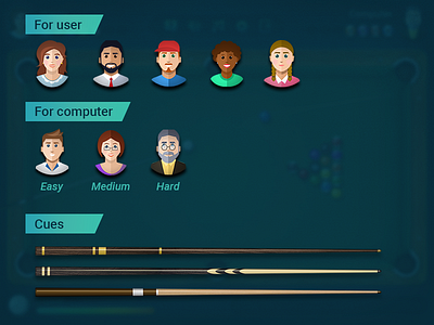 Pool avatars and cues casual game icon interface mobile pool