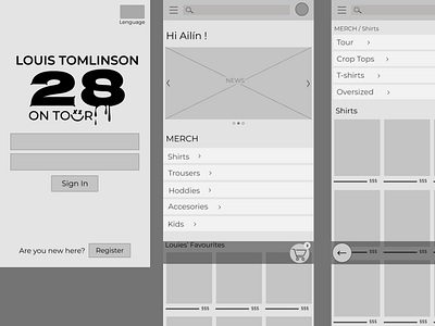 Tour Merch App for Louis Tomlinson app branding design figma graphic design illustration lo fi logo lowfidelityprototype prototype typography ui ux vector