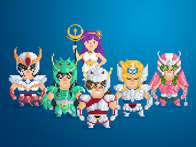 Pixel Little Guys & Gals pt. 26: The Main Crew 8 bit art character cute design flat geek art illustration manga pixel saint seiya