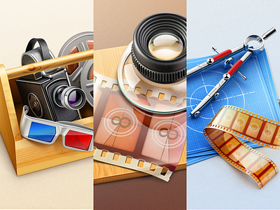 Three Mac Icons 3d app blue compasses film icon illustration lens mac print sketch tool