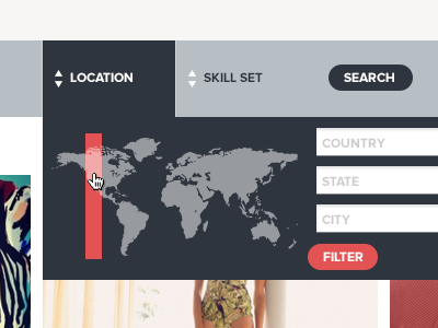 Location search concept blue drop down filter input location map red search skills world