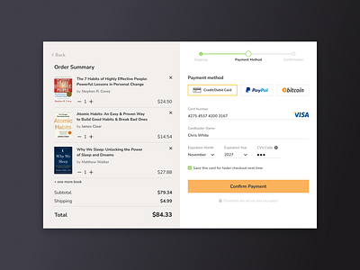 Daily UI #002 • Credit Card Checkout — Ordering Books books bookstore checkout credit card creditcardcheckout dailyui 002 dailyuichallenge design figma payment payment method ui ux web design