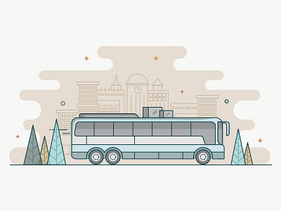 redBus bag booking buildings bus geometry illustration journey pastels ticket travel tree
