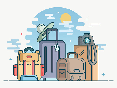 Goibibo backpack bag box camera hat holiday illustration luggage pastels suitcase tag