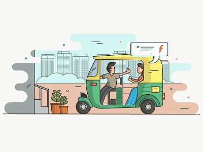Jugnoo App - an on-demand Auto Rickshaw App auto rickshaw building cab driver illustration passenger payment plant taxi