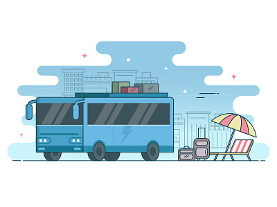 Travelyaari bag beach chair box building bus holiday illustration luggage pastels travel umbrella