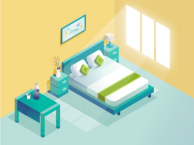 Room illustration for google playstore screens app bed hotel illustration isometric room treebo