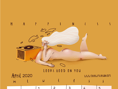 Calendar 2020 April chill design girl illustration music procreate selfcare yellow